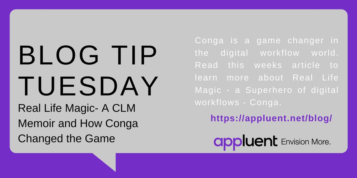 appluent's tweet photo. Tuesday, March 23, 2021: The day we post about how @getconga  is a a game changer in the digital workflow world. Today's #BlogTipTuesday post covers the world of CLM and how Conga's tools are magical. 

Visit https://t.co/4sAUgHucJJ to read on! 

#Salesforce #Conga #Blog https://t.co/IkR6R5Rd4H