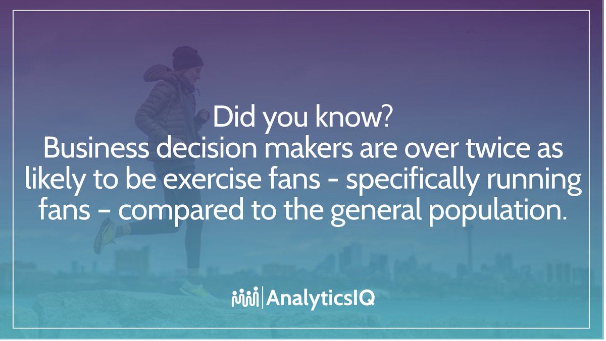 analyticsiq's tweet photo. Did you know that business decision makers are over twice as likely to be exercise fans compared to the general population? More specifically, they are highly likely to be running fans!
#DecisionMakers #Exercisers #Runners #Data #ConsumerInsights #B2BMarketing #B2CMarketing https://t.co/0k7NGFSYIL