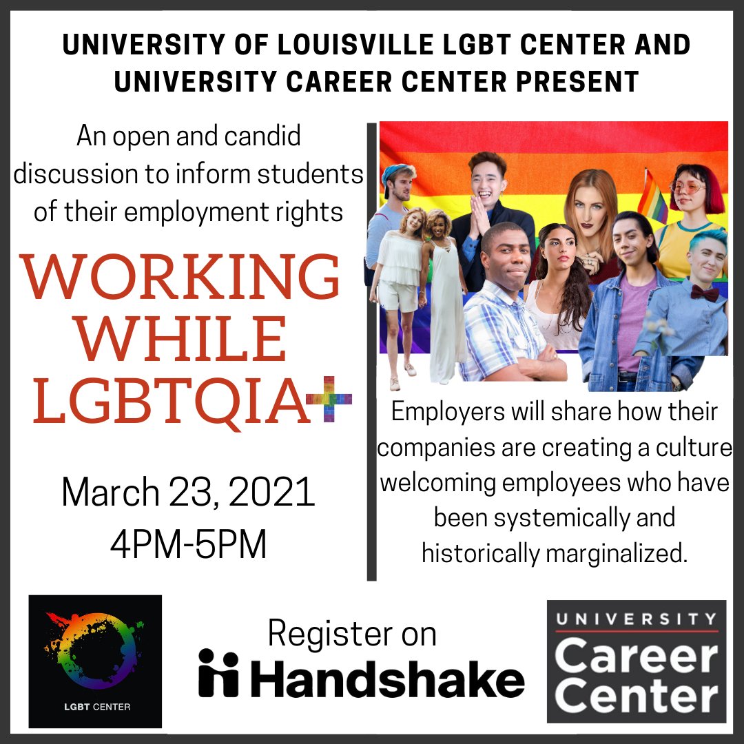 UofLCareers's tweet photo. 🏳️‍🌈 WORKING WHILE LGBTQIA+ IS TODAY 🏳️‍🌈

Join the UCC and @lgbtcenter_uofl from 4 PM - 5 PM, and be sure to bring your questions and concerns 👍

For more details and Zoom link: https://t.co/MKKA3JeSrv

#UCC #LGBTCenter #WorkingWhile https://t.co/dY4IOXsLpB