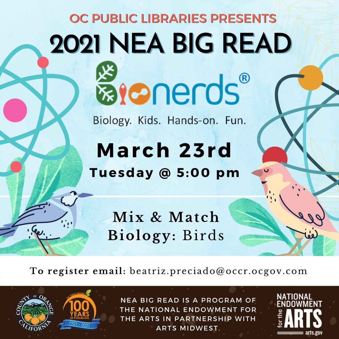 ocpublib's tweet image. BioNerds welcomes students in grades K-8th for fun and hands-on STEM activities. Pre-recorded videos will be released on Tuesdays at 5:00pm and will be available for a one-week period. 

Register: beatriz.preciado@occr.ocgov.com 

#bionerds #neabigread #ocpubliclibraries #ocpl100