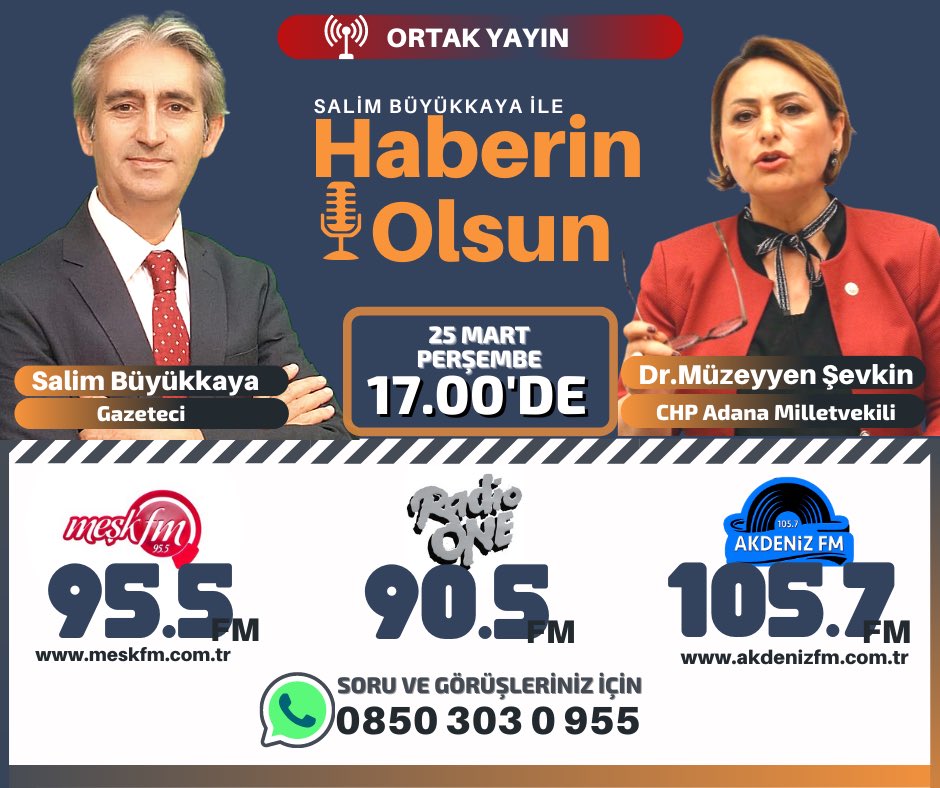 Buyukkaya01's tweet photo. 25 Mart 2021 Perşembe saat 17.00’de ortak canlı yayın #HaberinOlsun #Meşkfm 95.5 #AdanaAkdenizfm 105.7 #RadioOnefm 90.5 @MzyenSEvkin https://t.co/Czvwrr3TRL