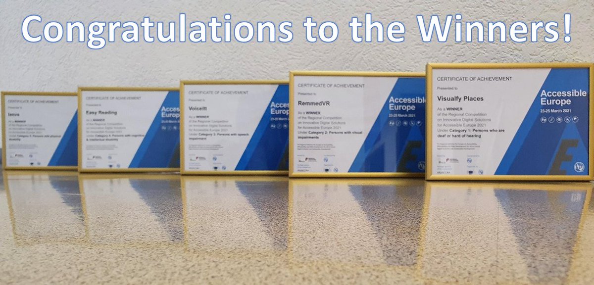 ITUEurope's tweet photo. TODAY: @ITUEurope is pleased to announce the WINNERS of the 2021 #AccessibleEurope Regional Contest on Innovative Digital Solutions

Cat.1 @Visualfy
Cat.2 #RemmedVR 
Cat.3 @Voice_Itt
Cat.4 @EasyReading_EU
Cat.5 @MagicviewTv

#DigitalInnovation #DigitalInclusion #Accessibility https://t.co/6CPHccDV8y