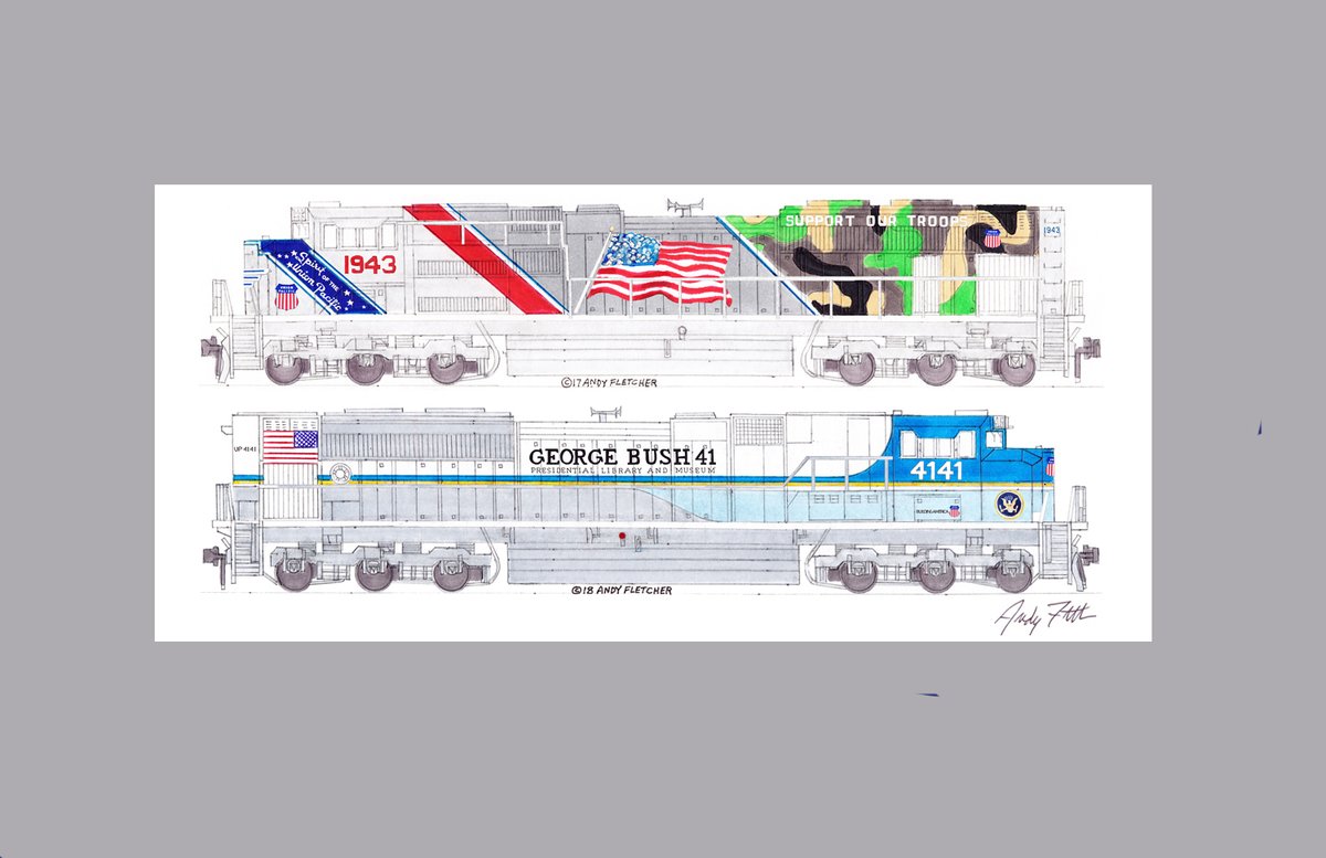 CustomTrains's tweet photo. It is great to see that #UP4141, @UnionPacific's Pacific George H.W. Bush engine, return to @TAMU for it's permanent display at the George Bush Presidential Library & Museum. It was accompanied by #UP1943, "The Spirit of Union Pacific." 🚂🎨🖌️✏️ https://t.co/j3DJHoOxvZ https://t.co/cwRga6lWRl