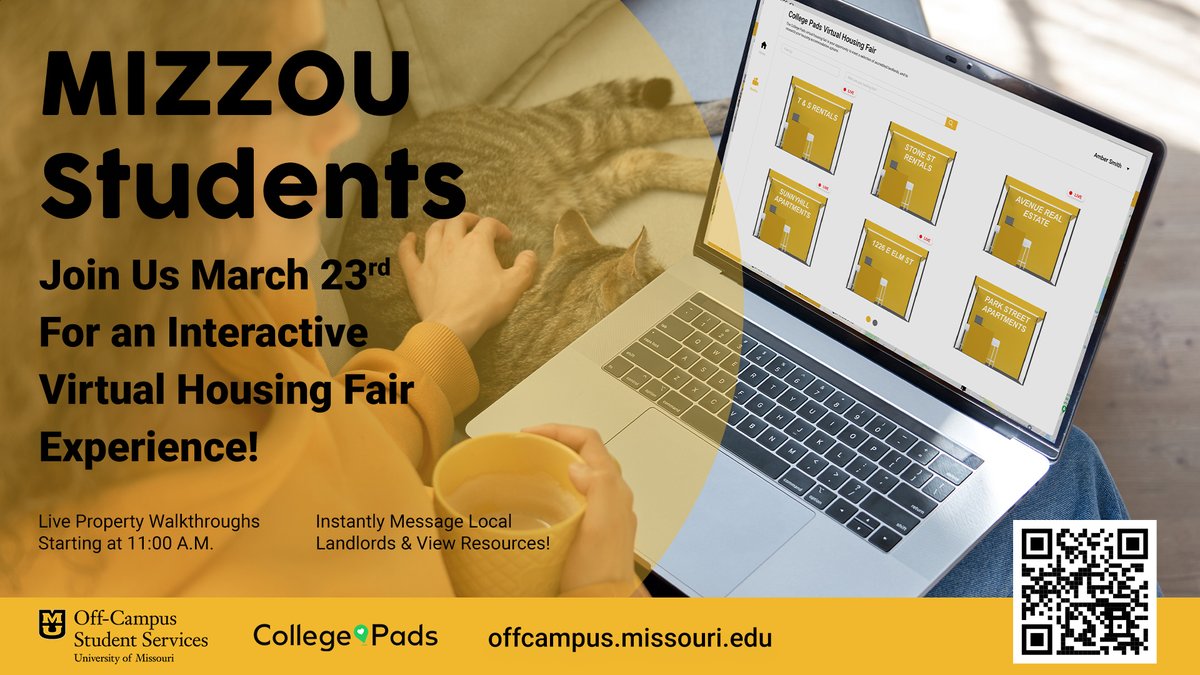 MizzouOffCampus's tweet photo. The Mizzou Virtual Housing Fair is happening now! Head on over to https://t.co/rB6bqQeWCE to check out virtual tours of properties in the Columbia area and interact with landlords. https://t.co/wEh11gqRj5