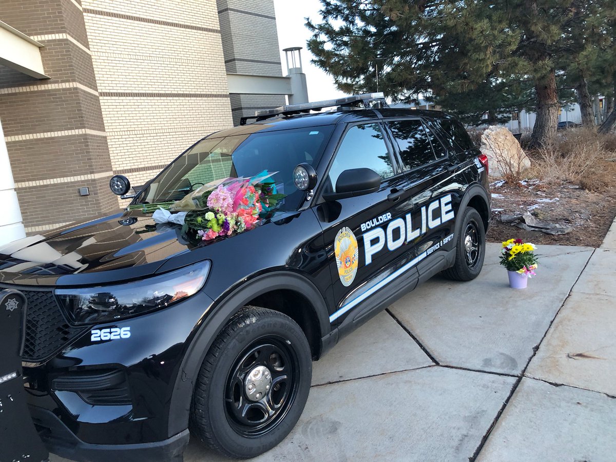 bouldercolorado's tweet photo. Officer Eric Talley was killed heroically responding to the #BoulderShooting on Monday. His police vehicle is parked outside the @boulderpolice station at 1805 33rd St. in memory of Eric and his service. https://t.co/7Cr2xNGcFR