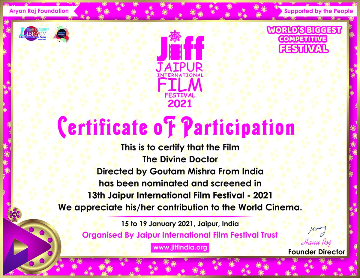 riptgauti's tweet photo. Recieved the certificate today from the 13th Jaipur International Film Festival JIFF.Thank you JIFF team for the honour & opportunity!! Jay Maa Samleswari!!#TheDivineDoctor
#TheToxicTale #Paraquat
#Humanity #Suicide
#SocialJustice #Odisha @JIFFJaipur
#India๐๐๐๐๐ฎ๐ณ https://t.co/s2EMODYp8T