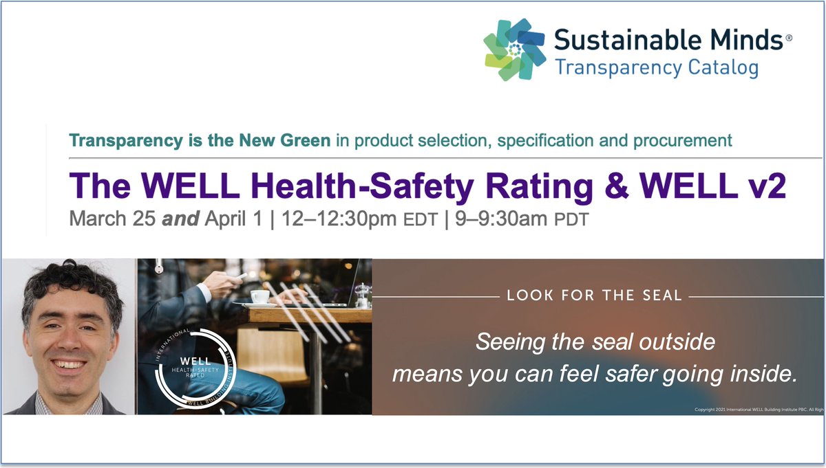 WEBINAR | Mar 25 & Apr 1, 12–12:30pm EDT | #WELLHealthSafety Rating & WELL v2 – JOIN US! bit.ly/30SrvBs  transparencycatalog.com 
@WELLcertified
@USGBC
@HPDstandard
@Living_Future
@WELLcertified
@C2Ccertified
@BIFMA
@GlobalGreenTag
@CHPSNews
#greenbuilding #construction