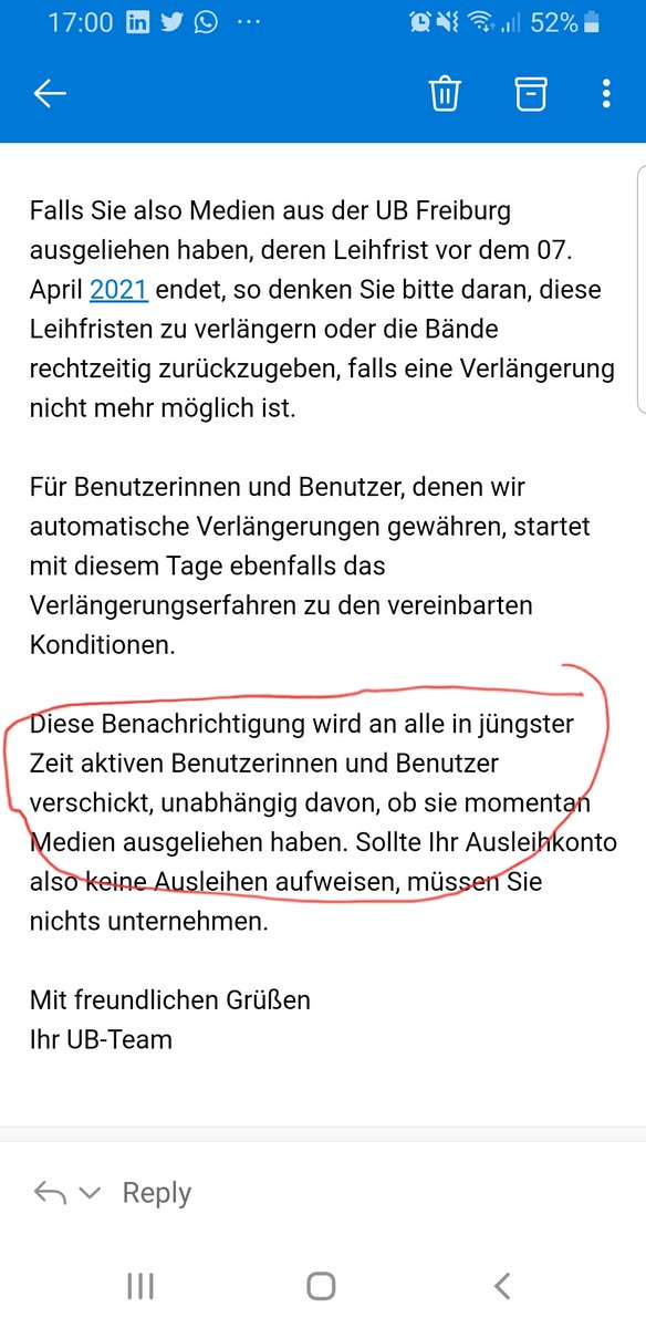Venissima's tweet photo. Liebe @UniFreiburg, ich habe spätestens seit 2013 nichts mehr mit der Uni Bibliothek zu tun. Eine Aktualisierung der internen Datenbanken und Mailinglisten wäre sicherlich auch datenschutzrechtlich angemessen. https://t.co/InjuyWJdOH