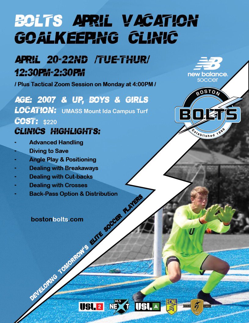 BostonBoltsGKs's tweet photo. Looking to train during school vacation week? Link in Bio #BetheBest #GKUnion #WeAreBolts https://t.co/lINf7Hjq1k