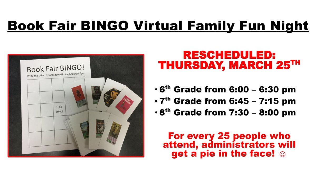 DCMSMediaCenter's tweet photo. Book Fair BINGO is tomorrow night! The Zoom link to join this virtual family fun night is in your Media Center Canvas course! @DutchmanCreekMS @RHSD_LMS @Scholastic #ScholasticBookFairs #BookFairBINGO #PieOurPrincipals #WinFreeBooks #BookJoy #VirtualFun https://t.co/0QDFKGVZWy