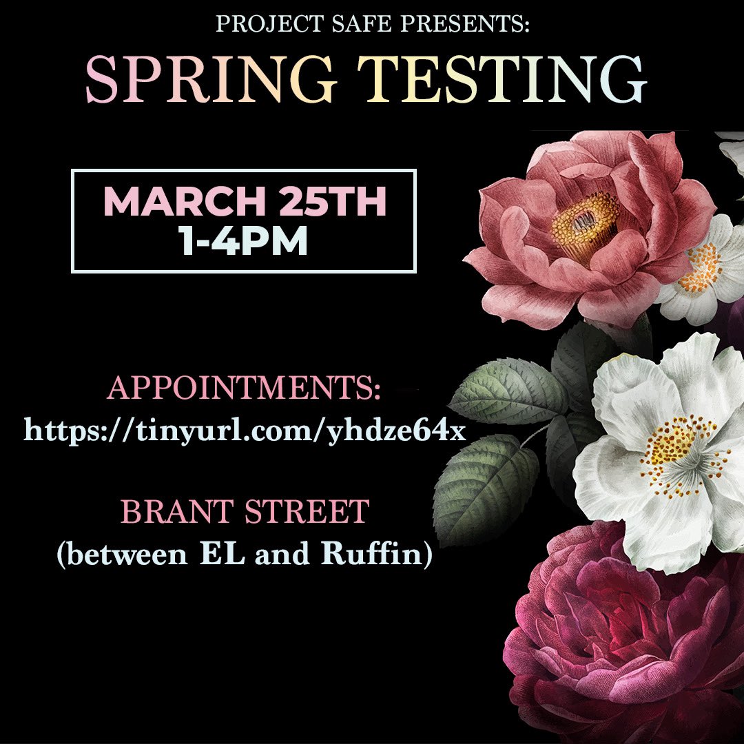 projectsafenccu's tweet photo. Spring is in the air 🌸🌷

Project SAFE Spring Testing 💉

03.25.21 from 1-4PM

Brant Street (between EL and Ruffin)

Schedule your appointment: https://t.co/bel9UazKYh https://t.co/sOZW6i9sAO