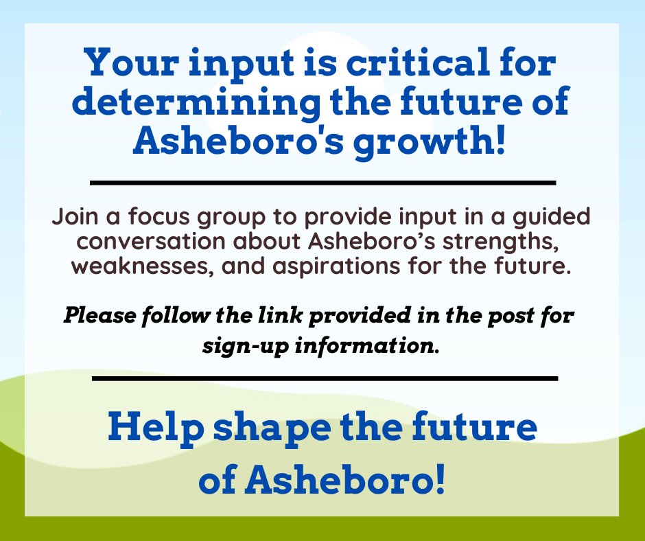 The City of Asheboro is updating its Land Development Plan. In order to ensure the plan reflects the needs and wants of our diverse community, we need to hear from you! Join a Focus Group: forms.gle/8Js5k1KVaA92Tx…
