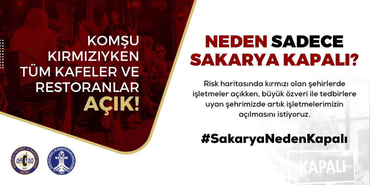 Risk haritasında kırmızı olan şehirlerde işletmeler açıkken, özveri ile kurallara uyan Sakarya’mızda restoran, lokanta ve kafe gibi işletmelerimizin de artık açılmasını istiyoruz. <a href="/drfahrettinkoca/">Dr. Fahrettin Koca</a> <a href="/ikalin1/">İbrahim Kalın</a> <a href="/hasandogan/">Hasan Doğan</a> <a href="/tcbestepe/">T.C. Cumhurbaşkanlığı</a> #Sakaryanedenkapalı
