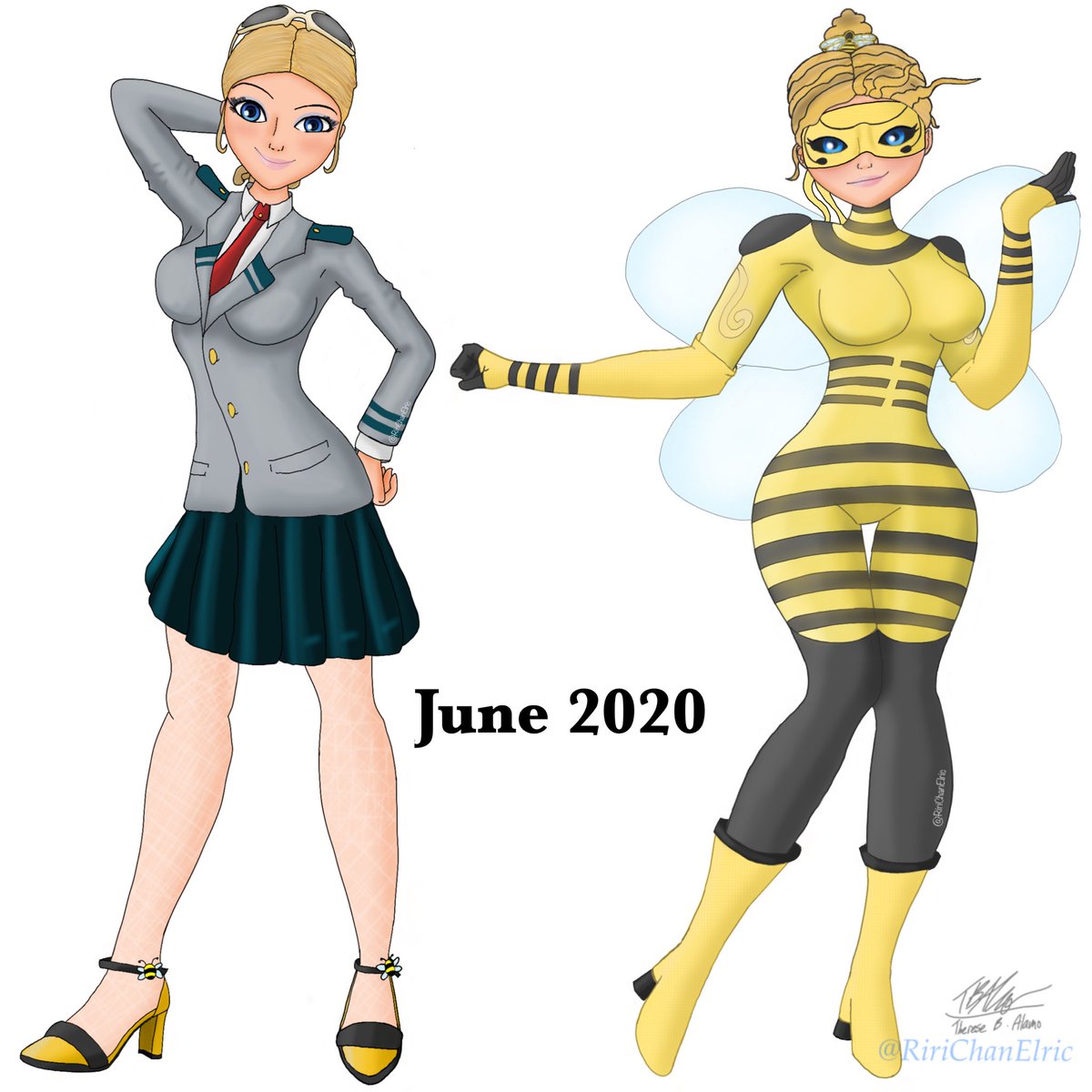 RiriChanVA's tweet photo. From the first concept, to the second, and right to the final one~
Alright! Chloe Bourgeois in her Miraculous hero forms through the months~ From Queen Bee 2.0, to Honey Bee, and now to Empress Tigresse.
#fanart #AU #crossover #myheroacademia #miraculousladybug #basedonafanfic https://t.co/LataSrw5L5