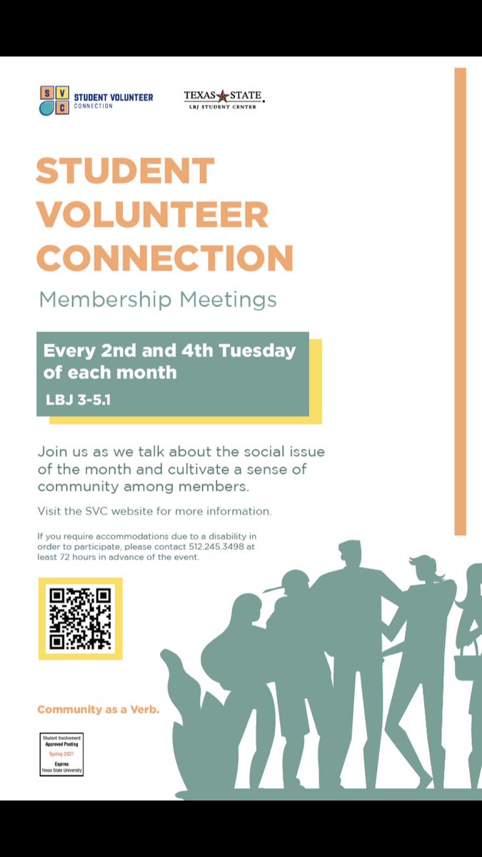 TXST_SVC's tweet image. Hey y’all! Join us for todays Membership Meeting where we will be talking more about Accessibility and Accommodations. The meeting will be held in room 3-5.1 of the LBJSC from 6:00-7:00. We hope to see you there, make sure to bring your walking shoes!😁👟