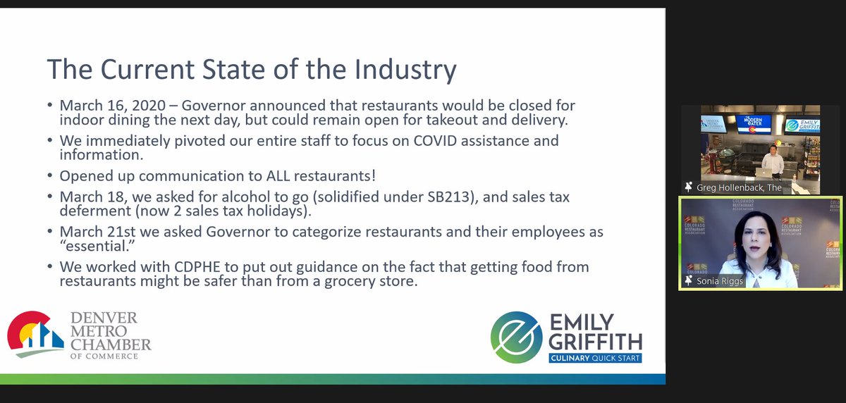 DenChamber's tweet photo. We're learning about the state of the #Colorado #restaurant industry at today's #GoldProgram with @EGTechCollege. "It’s the restaurants that everyone says are their neighborhood gems that were hardest hit.” - Sonia Riggs w/ @corestassoc. @CulinaryQuick https://t.co/pY5zYL8Eol