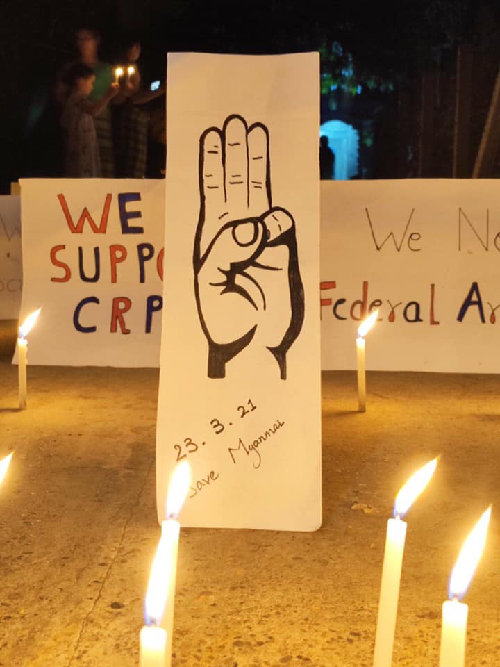 Myanmar_Now_Eng's tweet photo. Event protests continued in Myanmar. These are from Thaton in Mon State and Sanchaung in Yangon. One of the papers says in Burmese, “You have arms. The people have belief.” #WhatsHappeningInMaynmar https://t.co/JWy1wE3WkT