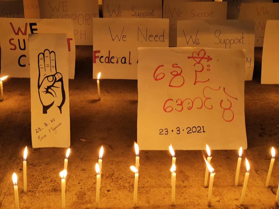 Myanmar_Now_Eng's tweet photo. Event protests continued in Myanmar. These are from Thaton in Mon State and Sanchaung in Yangon. One of the papers says in Burmese, “You have arms. The people have belief.” #WhatsHappeningInMaynmar https://t.co/JWy1wE3WkT