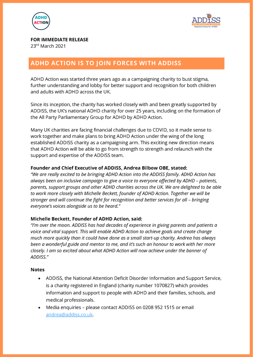 ADDISS (@uk_adhd) on Twitter photo 📣 It's time for ACTION 📣
We are so excited to be joining forces with <a href="/ADHDAction/">ADHD Action</a>! Together we will keep fighting for better understanding of ADHD in the UK.
You can keep up to date on all the work we'll be doing together by joining our mailing list: adhduk.org/adhdactionsign… 📣 It's time for ACTION 📣
We are so excited to be joining forces with <a href="/ADHDAction/">ADHD Action</a>! Together we will keep fighting for better understanding of ADHD in the UK.
You can keep up to date on all the work we'll be doing together by joining our mailing list: adhduk.org/adhdactionsign…