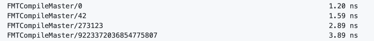 vzverovich's tweet photo. It's kinda neat that you can get to single digit nanoseconds formatting time when using a high level API. #constexprallthethings https://t.co/tZabn2B6vW