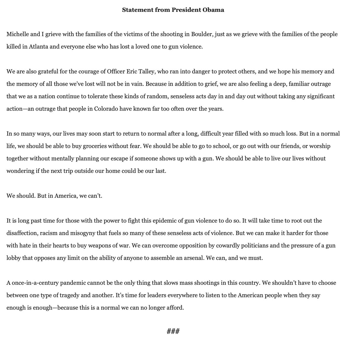 ABCWorldNews's tweet photo. JUST IN: Former Pres. Barack Obama on Boulder mass shooting: "We should be able to live our lives without wondering if the next trip outside our home could be our last. We should. But in America, we can’t." https://t.co/PYKnLFONZL https://t.co/Um2fg6Wh3k