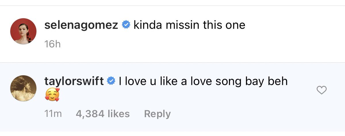 TSwiftNZ's tweet photo. 📷 IG | Taylor has commented on Selena’s Instagram post! 

“I love u like a love song bay beh 🥰” https://t.co/W9ulMdb9cQ