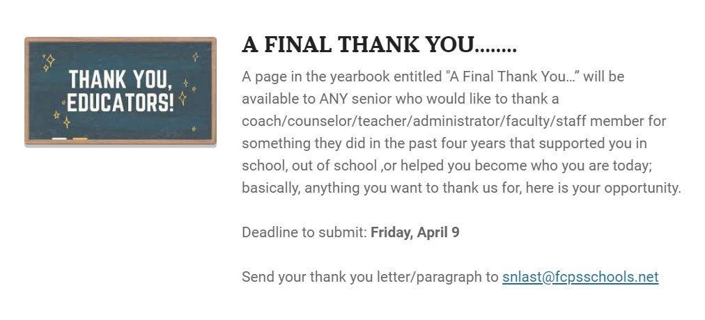 leave a staff member who has been especially special or helpful to you a "final thank you" for the yearbook