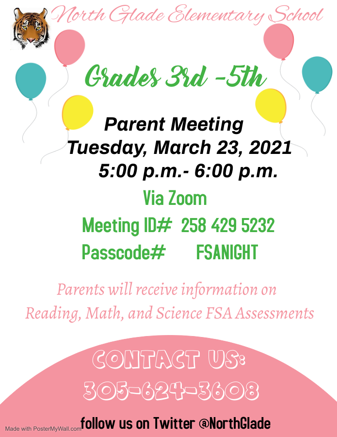 northglade's tweet photo. @NorthGlade Parents of 3rd-5th grade students, join us on Tuesday, March 23rd at 5 pm on Zoom to learn about upcoming FSA testing. See you then! https://t.co/Qv36sAiG63