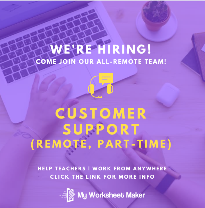 WorksheetMaker's tweet image. We're hiring! Come join our supportive, all-remote team as a Customer Relations Representative. Help teachers on your schedule from anywhere in the world. #remotework #hiring #tweetmyjobs #csjobs #jobsearch  buff.ly/3988JKK