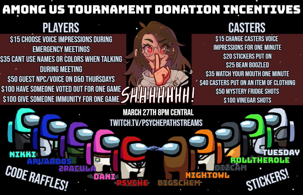 PsychePaths's tweet photo. This Saturday ten of our streamers will join forces to raise money for charities including @StopAAPIHate @CMTASTAR and @CPCharity by competing in an @AmongUsGame tournament! There will be casting, a halftime puppy bowl, and prizes! Come support a good cause! #charity #twitch https://t.co/RRiklcsD97