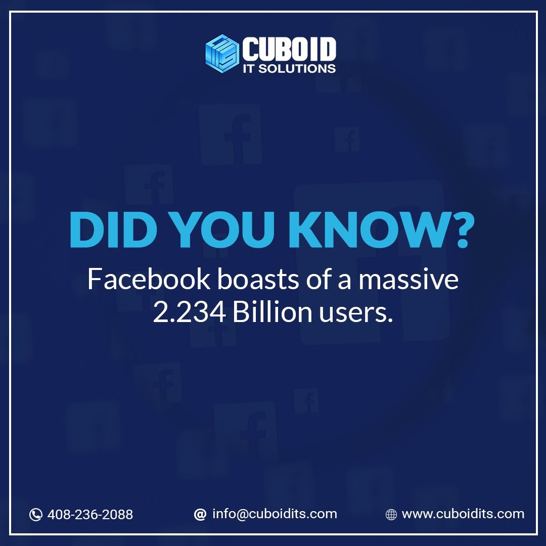 cuboidits's tweet photo. Approximately 30% of the world’s population is on Facebook. The social networking site had 1.74 billion mobile active users in Q3 2018.
Statistics suggest that around 50% of Internet users are on Facebook.
. 
#websiteforbusiness #webdevelopmentteam #webdevelopmentcompany https://t.co/ImBnwib1iN