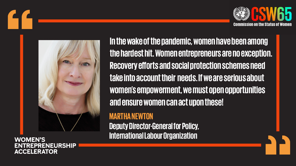 Join us for a #CSW65 side-event on “Women Leading Economic Recovery through Entrepreneurship” on 24 March 2021 at 11am EST. Hear from <a href="/ILO/">International Labour Organization</a>'s <a href="/MarthaENewton/">Martha E Newton</a> and speakers from <a href="/UN_Women/">UN Women</a>, <a href="/ITU/">Int’l Telecommunication Union</a>, <a href="/ITCnews/">International Trade Centre (ITC)</a>, <a href="/UNDP/">UN Development</a> and <a href="/MaryKay/">Mary Kay</a>. Register at: unwomen.zoom.us/.../reg.../WN_…