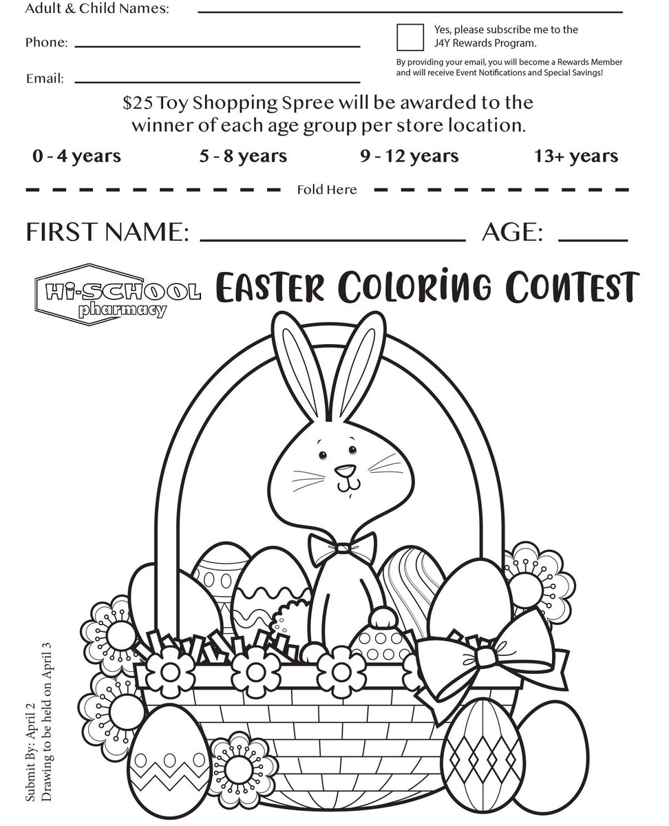 HiSchoolRx's tweet photo. In case you missed it, our Easter Coloring Contest is going on right now!
Stop by to pickup a copy or print one at home! When you’re done, bring it into your local store to enter to win a $25 toy gift certificate!
Each store will pick four winners - contest ends April 3rd. https://t.co/2d0OEoO25K