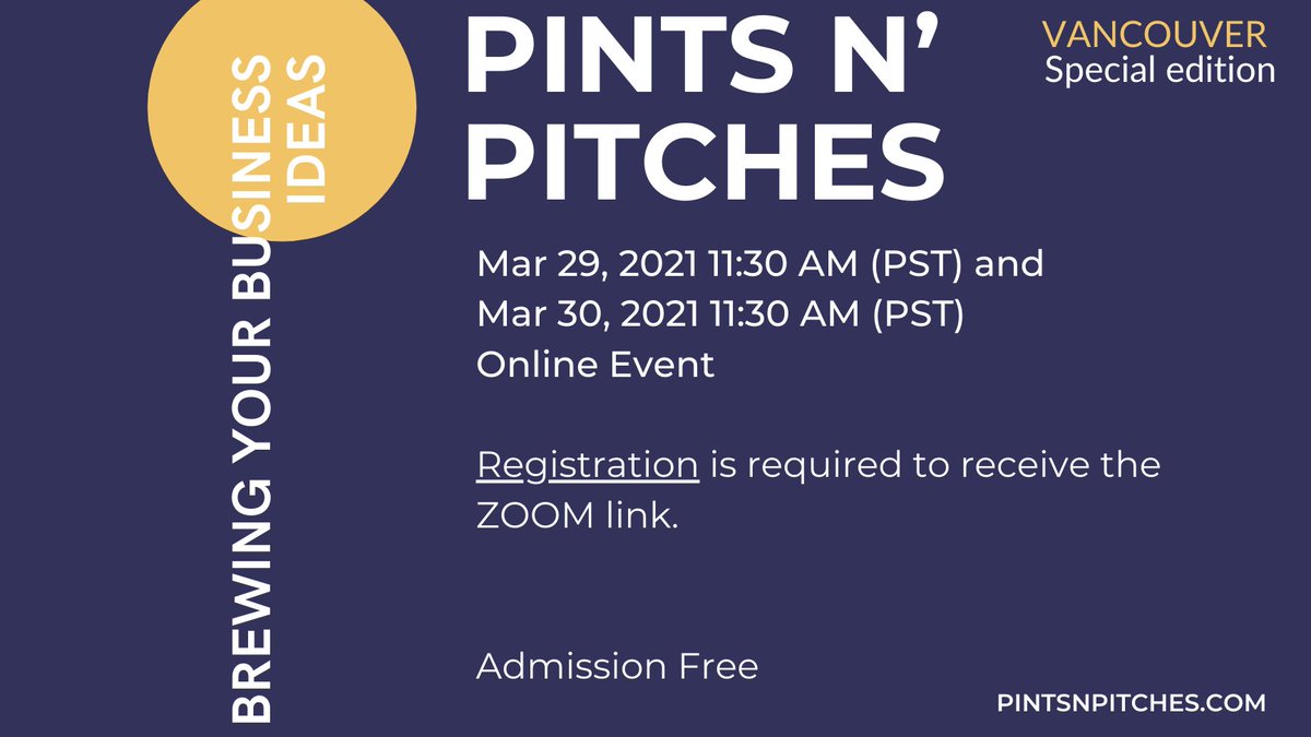 Special double feature of <a href="/pintsnpitches/">PINTS N’ PITCHES</a> with students from the <a href="/FHNW/">Fachhochschule Nordwestschweiz FHNW</a>. Join one or both sessions 
📆 March 29 &amp; 30, 11.30 am PST
💻 Sign up to get your Zoom link

bit.ly/3lUdxsJ

#swisscanadian #chamberofcommerce #westerncanada #vancouver #britishcolumbia #pintsnpitches