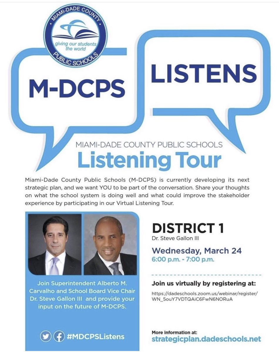 northglade's tweet photo. Attention @NorthGlade parents! The District 1 Listening Tour is tomorrow, March 24th hosted by @miamisup and  @docstevegallon. Join us to provide feedback. Zoom registration and link below. https://t.co/tdcztToWBl