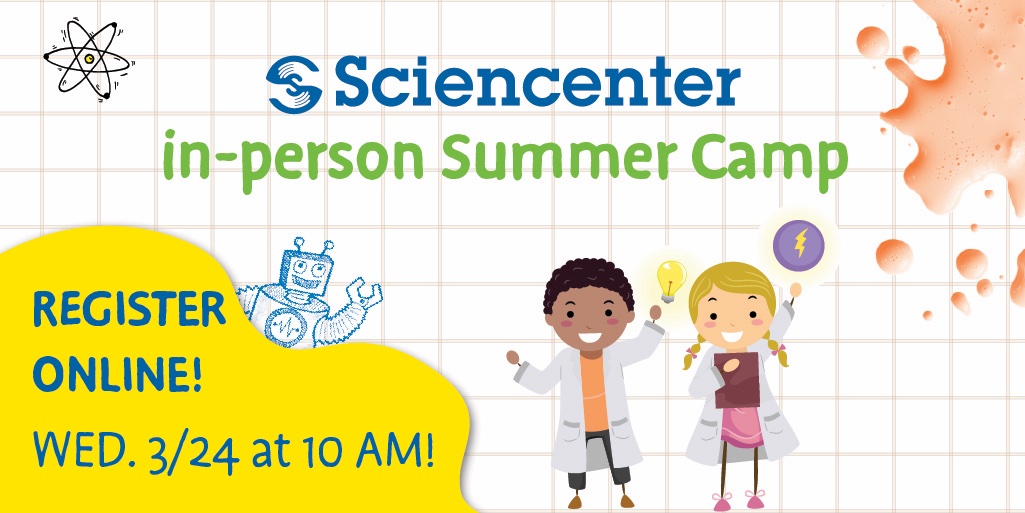Sciencenter's tweet photo. Sciencenter in-person Summer Camp registration opens online Wed., 3/24 at 10 am! Provide your kids with a fun, exciting &amp; science-filled summer! Safety is our top priority, read about our COVID-19 safety protocols on our website. 
https://t.co/vN8C4rmqu6 https://t.co/TajT6FX92p