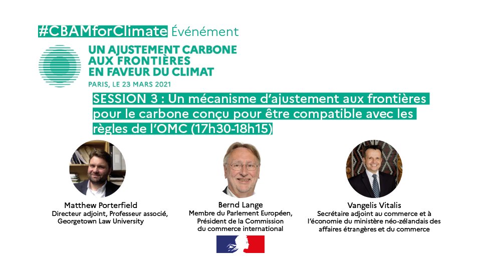 DGTresor's tweet photo. 🔴 En direct | Session 3 #CBAMforClimate sur la question de la conformité du #MACF avec les règles de l'#OMC, et les implications de cette nécessaire conformité sur la conception technique et les modalités de mise en œuvre du mécanisme ➡️ https://t.co/Xsq83gmxDV https://t.co/r6dvq1cBr1