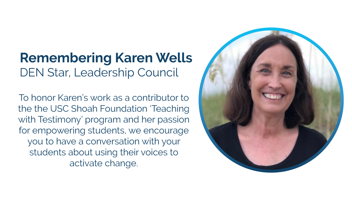 DiscoveryEd's tweet photo. We’re saddened to share the passing of Karen Wells, a DEN member who will be missed both as a friend &amp; educator. Karen was dedicated to shaping students’ futures, and was most passionate about sharing @USCShoahFoundation #TeachingWithTestimony resources. https://t.co/wv31PNohX8 https://t.co/b41hcGjoW7