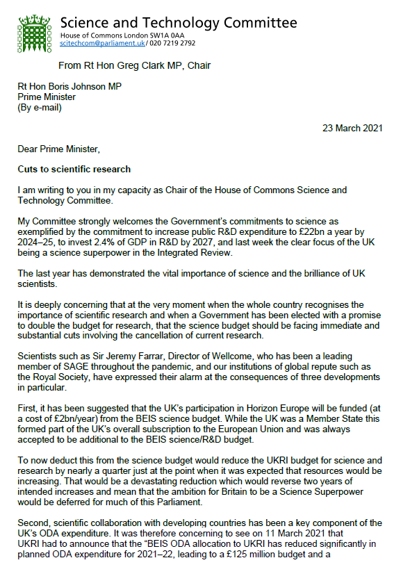 CommonsSITC's tweet photo. We've written to @10DowningStreet about cuts and potential reductions to science funding, concerning Horizon Europe, Official Development Assistance, and medical research charities. 

Read our letter below or here: https://t.co/KbuytOWzTO https://t.co/8C6u8e5E0Y