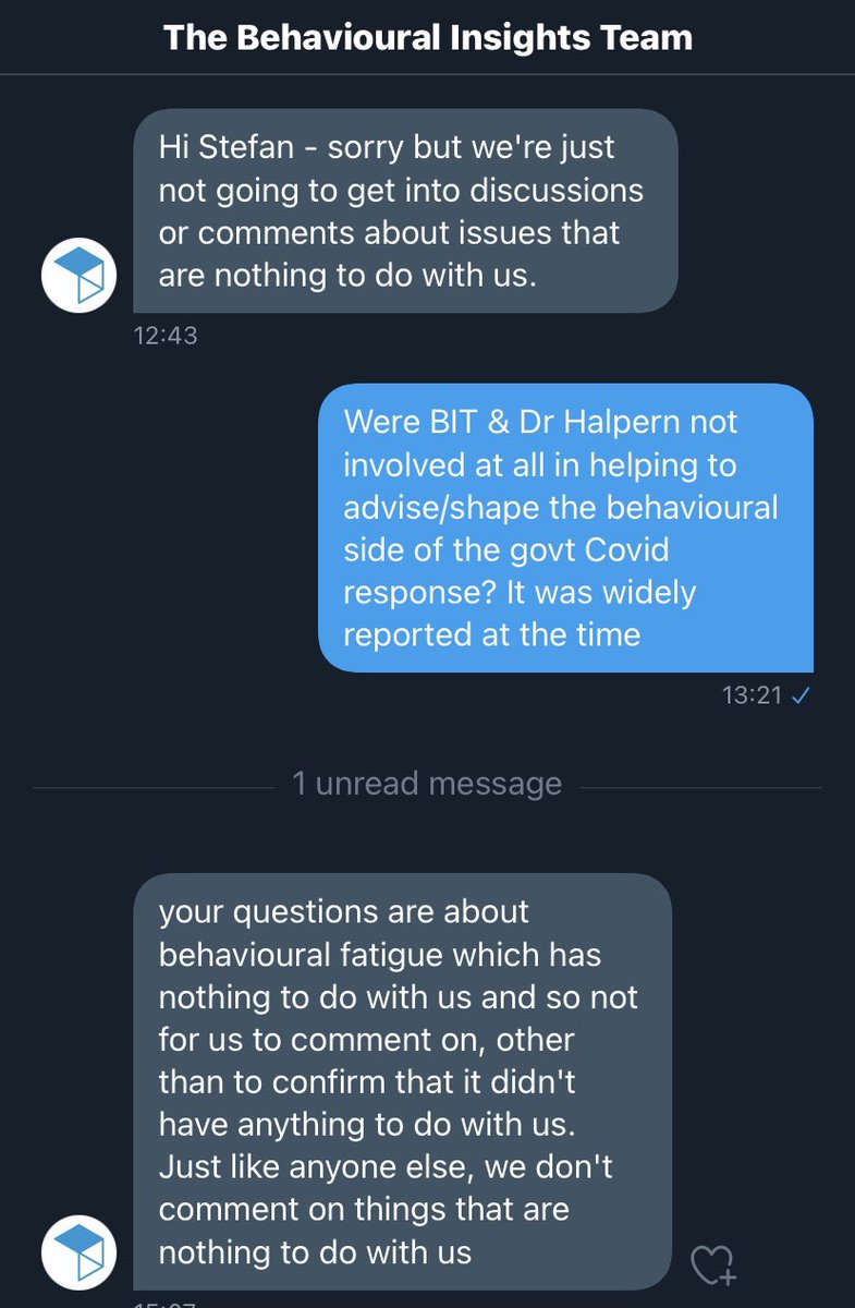 StefSimanowitz's tweet photo. 14/. After a 7 month wait for the Nudge Unit to answer straightforward questions about whether their CEO, David Halpern - a SAGE & one of the govt’s key behaviourists - had any concerns about the #BehaviouralFatigue justification for late #lockdown, @B_I_Tweets says: “No comment” https://t.co/sYebRO8L3I