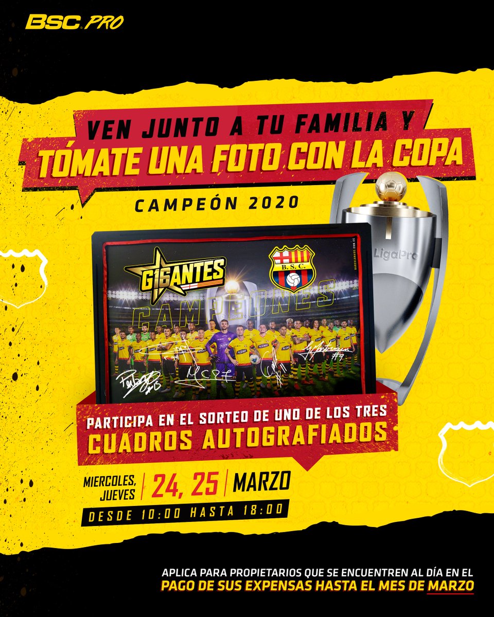 BarcelonaSC's tweet photo. #BSCPRO | Administración Estadio 🏟

¡Aprovecha! Ven con tu familia y #TómateUnaFotoConLaCopa 📸🏆
Además, ¡Participa en el sorteo de un cuadro autografiado! 🖼️🖊
 
Válido solo para Propietarios de Suite y Palco 🙋‍♂️🙋‍♀️
✉ administracion@barcelonasc.com.ec
📞 5000227-5000228-5000217 https://t.co/Fp8L0qp7la