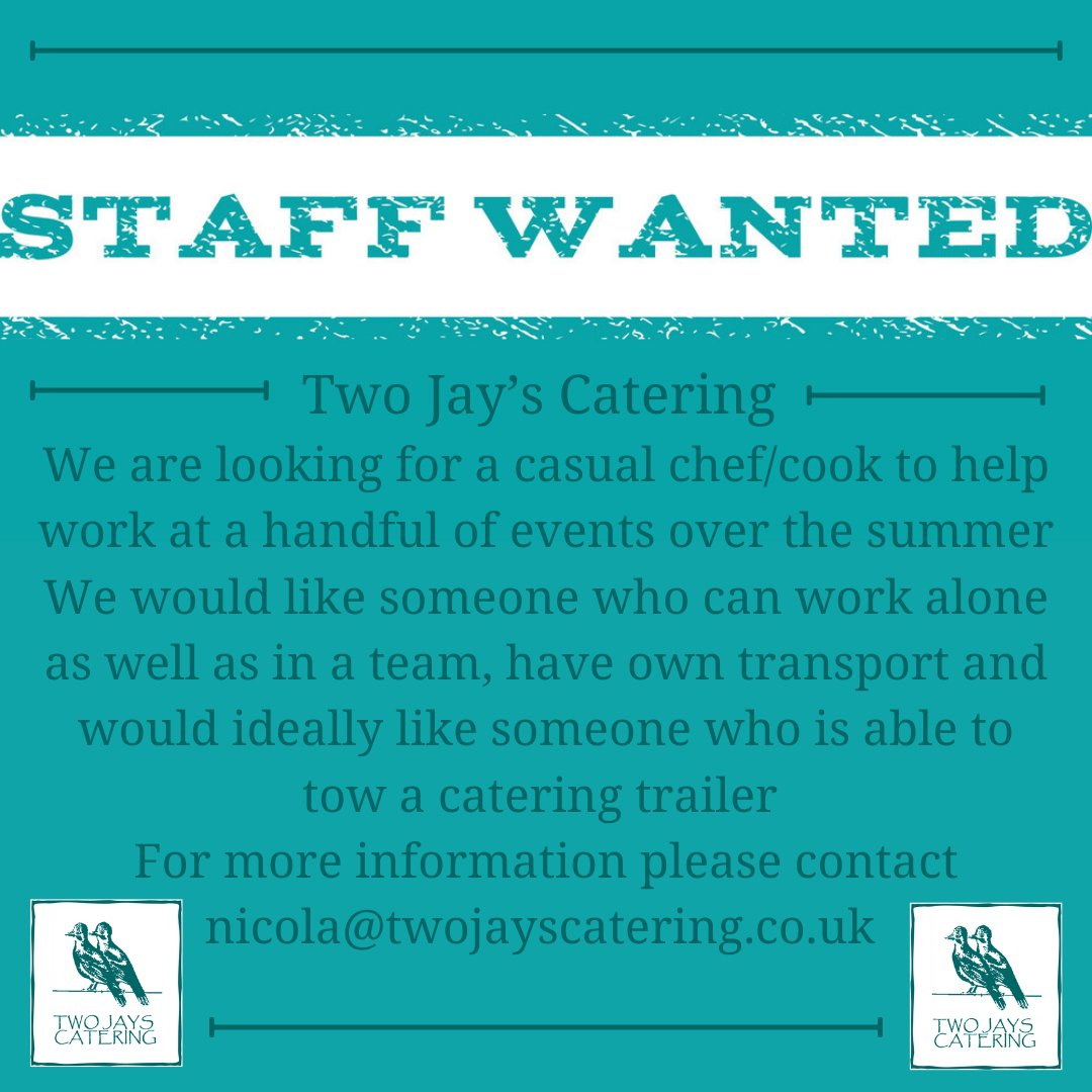 Looking for a bit of casual work over the summer or know of someone that is, then we have a job going. Working mainly weekends (but not every week) from around mid-April until mid-October, contact nicola@twojayscatering.co.uk for more details #joinourteam #job #jobopening #chef