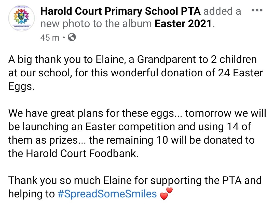 HaroldCourtPTA's tweet photo. A big thank you to Elaine, a Grandparent at our school, for this wonderful donation of 24 Easter Eggs.
Tomorrow we will be launching an Easter competition and using 14 of them as prizes. The remaining will be donated to the @HaroldCourtPrim Foodbank.
#SpreadSomeSmiles π https://t.co/pq8rfFLyxH