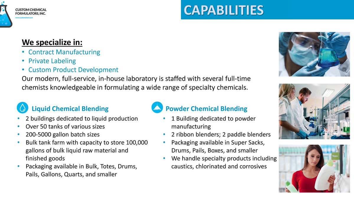 For more information on the hundreds of formulas we have available, visit customchem.com! 

#PrivateLabeling #CustomChemicalFormulators #ChemicalIndustry #Chemicals #FamilyOwned #Institutional #Janitorial #HouseholdProducts #IndustrialCleaning #FDA #HandSoap