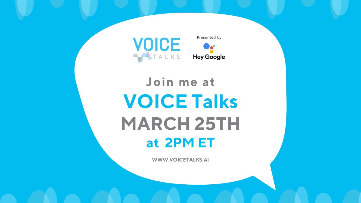 Excited to speak at this month’s edition of <a href="/VoiceTalksAI/">VOICE Talks</a> ! Watch live on Thursday, March 25th at 11a PDT. Subscribe for the show here: voicetalks.ai #voicetalks #heygoogle #womeninvoice
