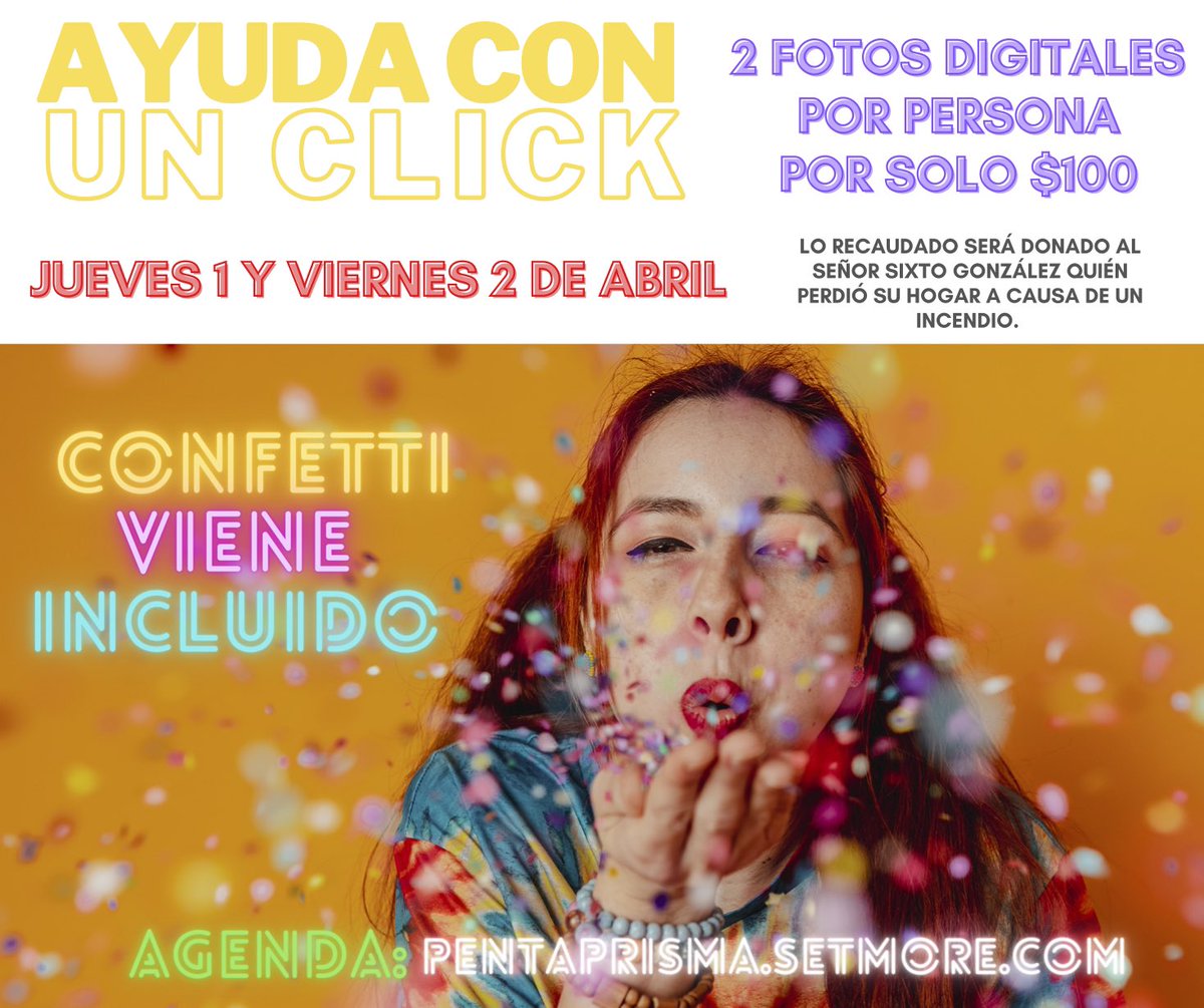 PentaprismaPN's tweet photo. 🤗📸AYUDA CON UN CLICK!
Pues vamos a empezar el mes de abril ayudando... 
Para agendar pueden acceder aquí https://t.co/0Nr0c0RxK9
¡SOLO 1 y 2 de ABRIL!

¡FONDO AMARILLO Y CONFETTI! 🥳
$100 por persona incluye 2 fotos digitales en alta resolución https://t.co/3hdg3hNu0y