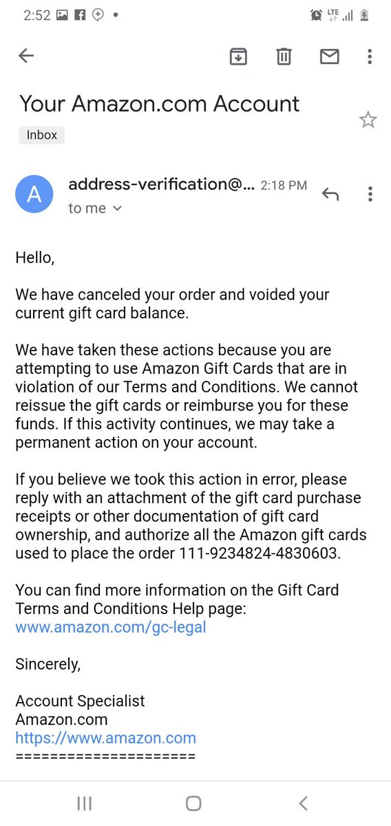 RuthFrancois26's tweet photo. Before buying an amazing gift card, please think twice. You may be able to redeem it but not able to use it. Thank you @amazon! https://t.co/qQpTEgTYiF