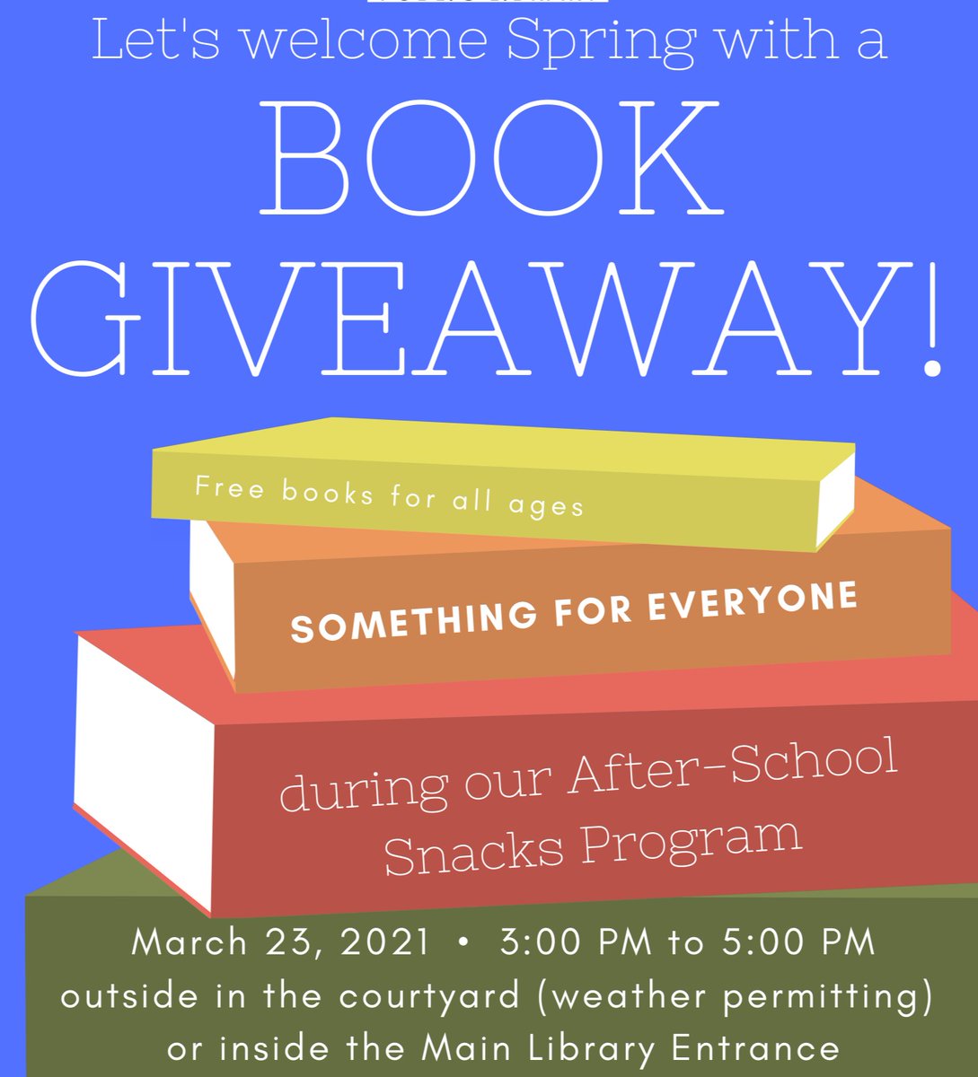 BPLnj's tweet photo. Welcome spring! Visit us OUTSIDE today for a book giveaway with snacks. 
.
#toniskitchen #bloomfieldpartnerships #bplnj #bloomfieldnj #bloomfieldlibrary https://t.co/NxoTW8PPNe