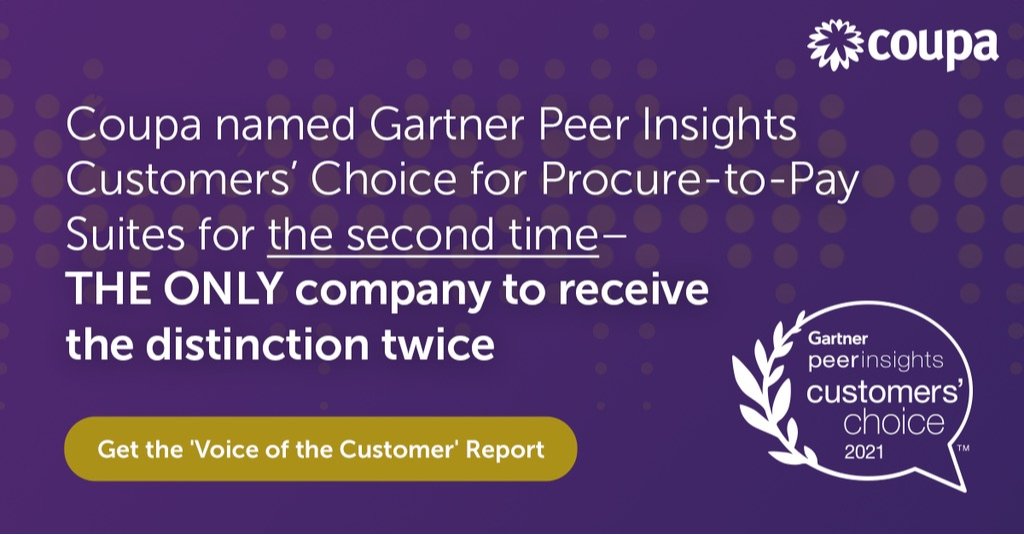 s_macg's tweet photo. Coupa Named a 2021 Gartner Peer Insights Customers' Choice for #Procure-to-Pay Solutions. @coupa @gartner_inc #procuretopay https://t.co/78rFgFZ1ZP