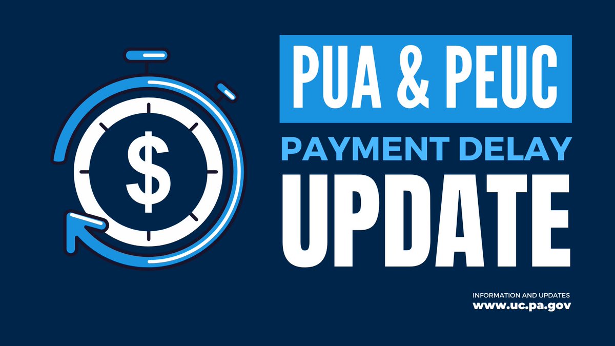 PALaborIndustry's tweet photo. 🚨 3/23/21 PUA &amp; PEUC payment delay updates:  

🚫PUA claimants who filed 3/21 + 3/22 will have delayed payment of 2-3 days.

🚫PEUC claimants who filed  3/21 + 3/22 should expect payment delays. 

We're working to resolve the issue as soon as possible + appreciate your patience. https://t.co/PeyZAHbVWs